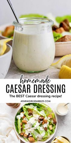 homemade caesar dressing in a mason jar with lemon wedges