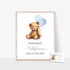 a brown teddy bear holding two blue balloons with the words how many teddy bears are in the air?