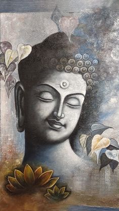 a painting of a buddha with flowers in front of it