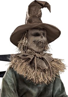 a scarecrow with a hat and tie on it's head, standing in front of a white background