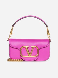 Valentino Garavani's Loco' small bag in pink leather featuring a detachable leather top handle, a detachable chain shoulder strap, V Logo Signature plaque on the flap, concealed magnetic fastening, internal card slot and gold-tone metal hardware. Composition: 100% calfskin | Valentino Garavani Women's Loco Small Leather Bag in Pink Pp | SS24 Small Leather Bag, Valentino Bags, Small Shoulder Bag, Pink Leather, Small Bag, Leather Top, Gold Tone Metal, Valentino Garavani, Top Handle