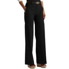 Women's Wide Leg Pants By Lauren Ralph Lauren! Black. Wide Leg. High Rise. Belt Loops. 2 Faux Front Pockets. 2 Functional Back Pockets. Size 4 -Flat Waist: 15.5" -Flat Ankle: 12" -Inseam: 33" -Length: 44.5" 67% Polyester. 29% Viscose. 4% Elastane. Machine Wash Cold With Like Colors; Gentle Cycle. Only Non-Chlorine Bleach When Needed. Hang To Dry. Cool Iron If Needed. 5.24 Luxury Ralph Lauren Formal Pants, Cuff Pants, Womens Wide Leg Pants, Lauren Brown, Womens Capris, Lauren Green, Leg Cuffs, Ralph Lauren Jeans, Cuffed Pants