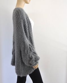 Gray Oversized Knit Cardigan Chunky Cable Knit Jacket Sweater Cardigan Slouchy Fluffy Hand Knitted G Trendy Hand Knitted Winter Outerwear, Trendy Winter Hand Knitted Outerwear, Trendy Hand Knitted Outerwear For Winter, Gray Soft Knit Acrylic Outerwear, Cozy Gray Acrylic Outerwear, Winter Mohair Soft Knit Outerwear, Oversized Gray Chunky Knit Cardigan, Oversized Acrylic Cardigan For Cold Weather, Cozy Oversized Thick Outerwear