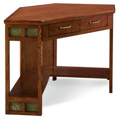 a wooden desk with two drawers on one side and an open drawer on the other