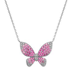 A mosaic of pink natural sapphires and natural diamonds creates an ombre effect across this beautiful butterfly pendant. Crafted in bright 14-karat white gold  it comes on a matching cable chain that’s adjustable for easy layering with other favorite necklaces. Pink Pave Setting Jewelry For Gift, Pink Jewelry With Pave Setting As Gift, Pink Pendant Necklace With Butterfly Charm, Pink Butterfly Charm Pendant Jewelry, Pink Butterfly Charm Pendant Necklace, Luxury Pink Necklaces With Sparkling Stones, Elegant Pink Butterfly Necklace, Luxury Pink Sterling Silver Necklace, Pink Butterfly Charm Necklace