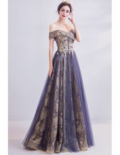 Gold Off-shoulder Prom Dress, Gold Off-shoulder Dress For Prom Season, Gold Off-shoulder Dress For Prom, Purple Off-shoulder Evening Dress For Gala, Gold Tulle Evening Gown, Elegant Gold Tulle Evening Dress, Purple Off-shoulder Prom Evening Dress, Purple Off-shoulder Prom Dress, Purple Off-shoulder Gown For Formal Occasions