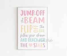 a poster with the words jump off and beam in different colors on a white wall