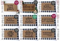 six different types of welcome stickers on brown paper with black and white checkered border