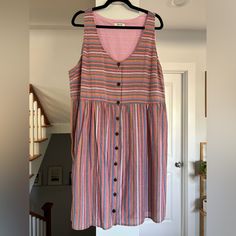 Madewell Button Dress - Size Large - Never Worn - 100% Cotton Button Dress With Muted Rainbow With Light Pink Lining. Slight Imperfections At Bottom Of Dress, Hardly Noticeable. Size Tag Was Cut Off. Pink Buttoned Knee-length Midi Dress, Pink Knee-length Buttoned Midi Dress, Pink Midi Dress With Button Closure For Daywear, Pink Knee-length Midi Dress With Buttons, Pink Midi Dress With Button Closure For Beach, Pink Summer Dress With Buttons, Daywear Sundress With Button Closure, Midi Length Sundress With Button Closure For Daywear, Sundress With Button Closure For Daywear