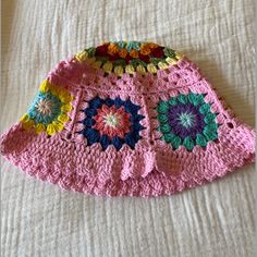 Handmade Vintage Crochet Bucket Hat. Never Worn! One Size. Vintage Pink Hat For Vacation, Bohemian Pink Crochet Hat For Spring, Bohemian One Size Bucket Hat For Spring, Fun Yellow Bucket Hat For Spring, Cute Yellow Sun Hat For Spring, Yellow Crochet Bucket Hat For The Beach, Retro Handmade Crochet Hat For Beach, Handmade Retro Crochet Hat For Beach, Yellow Crochet Hat For Vacation