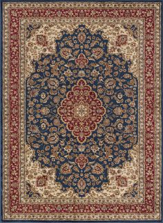 a blue and red rug with an ornate design