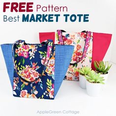 three flowered bags with the text free pattern best market tote on them and a potted succulent in front