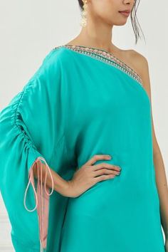 Shop for Label Nitika Green Satin One Shoulder Dress for Women Online at Aza Fashions Teal Green Dress, Dress Label, Indian Culture, Gathered Sleeves, Embroidered Neckline, Satin Color, Green Satin, Teal Green, Dress For Women