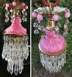 a pink chandelier hanging from the ceiling next to another image of a pink and gold chandelier