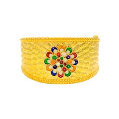 This 22k gold screw bangle weighs 47.7 grams and is adorned with vibrant Meenakari flower designs, giving it a colorful and artistic flair. The bangle has a size of 2.5 inches and an opening diameter of 2.3 inches, featuring a secure screw with hinge mechanism for easy opening and closing. This exquisite piece combines traditional Meenakari artistry with the timeless appeal of gold, making it a perfect accessory for adding a splash of color and elegance to any outfit. PRODUCT DETAILS Gold Purity(karat): 22k Gold Weight(grams): 47.7 Item Finish: Yellow Gold Bangle Size: 2.5 Bangle Opening(diameter): 2.3" Openable: Yes, Screw w/ Hinge Number Of Pieces: 1 Bangle Traditional Yellow Bangle Jewelry, Traditional Yellow Bracelets For Festivals, Festive Yellow Bangle Bracelet, Multicolor Bangle Gold Bracelet As A Gift, 22k Gold Meenakari Bangle Bracelet, Multicolor Gold Bangle Bracelet As A Gift, Multicolor Bangle With Intricate Design For Gift, Yellow Bangle Bracelets For Festivals, Multicolor Bangle With Intricate Design As Gift