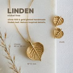 A necklace and earings in shape of a linden leaf. Made of silver and gold-plated. The faithfulness to details and its symbolism will touch the hearts of nature lovers. I designed this subtle, botanical set to faithfully replicate the details of real linden leaves - their shape, leaf blade edges, and veins. It's a nod to all who appreciate the beauty of plant details. The back of the leaf is smooth. I sketched the leaves on paper, supervised the casting, and finishing. It's a treat for jewelry mi Yellow Gold Leaf Shape Nature-inspired Jewelry, Minimalist Yellow Gold Leaf Jewelry, Minimalist Leaf-shaped Jewelry With Matching Earrings, Leaf-shaped Yellow Gold Necklace For Gift, Leaf-shaped Yellow Gold Necklace, Nature-inspired Gold Jewelry With Matching Earrings, Yellow Gold Leaf Necklace As Gift, Yellow Gold Leaf Necklace For Gift, Nature-inspired Leaf Jewelry Gift