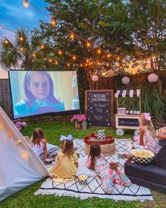 As someone with kids who love movies, then I believe celebrating my 10 year-old’s birthday by having a movie night with her friends would be an excellent idea. Just create a cozy spot in the backyard and have some tents, snack booths, comfy couches and bean bags, and last but not least, the big movie screen.  Source: Pinterest Pyjamas Party, Backyard Birthday Parties, Backyard Birthday, Movie Night Party, Outdoor Movie, Movie Party, Garden Parties