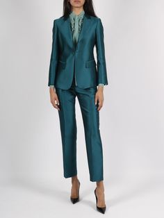 Tailored blazer by Alberta Ferretti, in silk blend mikado. - FW22- Slim fit- Peak lapel- Cufflink closure- Front pockets profiled with flap- Buttons on the sleeve bottom- Made in Italy- 85% Polyester, 15% Silk | Alberta Ferretti Women's Tailored Blazer in Blue | FW22/23 Dramatic Classic, Tailor Shop, Peak Lapel, Pant Suit, Tailored Blazer, Alberta Ferretti, Suit Jacket, Women's Fashion, Coats Jackets