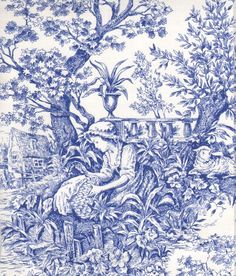 a blue and white drawing of a man sitting on a bench next to a tree