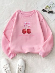 Pink Casual Collar Long Sleeve Knitted Fabric Letter,Fruit&Vegetable Pullovers Embellished Non-Stretch  Women Clothing Cherry Hoodie, Cherry Sweater, Kawaii Sweatshirt, Custom Sweaters, Rose Bonbon, Girl Sweatshirts, Tops Fall, Girls Fashion Clothes, Print Pullover