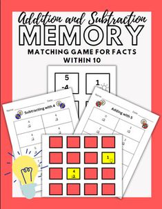 addition and subtraction memory matching game for kids