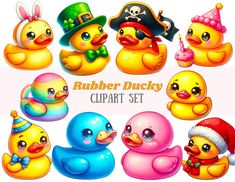 the rubber ducky clipart set includes different types of rubber ducks, including one wearing a hat