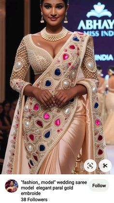 Pearl Saree, Mirror Work Saree Blouse, Pearl Work Saree, Bahubali Movie, Elegant Sarees, Mirror Work Saree, Bollywood Dress