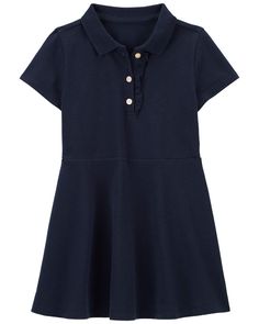 Crafted in a soft cotton blend and made to last, this polo dress is a must-have for everyday school wear. Plus is has short sleeves to keep her cool and functional buttons at the collar. Spring School Dress With Collar, Collared Spring Dresses For School, Classic Short Sleeve Polo Dress For Spring, Classic Short Sleeve Polo Dress For Summer, Fitted Collared Preppy Polo Dress, Fitted Collared Polo Dress In Preppy Style, Classic Short Sleeve Summer Polo Dress, Classic Short Sleeve Polo Dress, Casual Solid Dresses For School