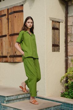 Casual Shirt & Pants Set  ➡ about the Set - Standard Fit Blouse - Comfortable Straight Pants with 2 Deep Pockets and Elasticized Waist  - the model is 175 cm high (regular XS - S) and is wearing size S. - Color of the co-ord set in the pictures - FERN ➡ material: Cotton Linen Blend | Cotton - 60% Linen - 40% - We found out the fabric to be rather hard to photograph to have an exact color for exposure - fabric wrinkles often catches unexpected light and show thousands of shades in different posit Solid Color Summer Sets With Relaxed Fit, Casual Green Sets With Pockets, Summer Cotton Sets With Long Pants, Cotton Long Pants Set For Summer, Spring Relaxed Fit Solid Color Sets, Spring Casual Relaxed Fit Pant Set, Spring Solid Color Relaxed Fit Sets, Relaxed Fit Loungewear Set With Pockets, Relaxed Fit Daywear Sets For Spring