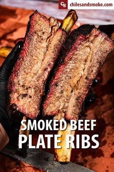 smoked beef short ribs on a cutting board with bbq sauce and text overlay that reads smoked beef short ribs