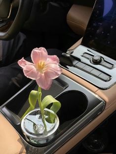 a car dashboard with a flower in a vase