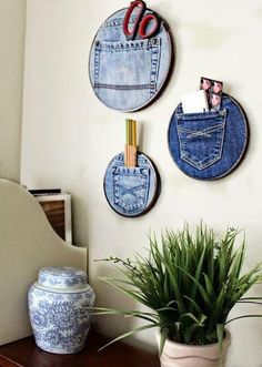 three blue jeans hanging on the wall next to a potted plant and a vase