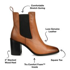 Talk about versatility. The Rowann by Journee Signature goes with everything on every occasion with a sleek Chelsea profile and genuine leather uppers. A chunky block heel elevates the look and a 4 mm Tru Comfort Foam� insole makes them a breeze to walk in. Leather Block Heels For Winter, Fall Chelsea Boots With Stacked High Heel, High Heel Chelsea Boots For Spring Workwear, High Heel Calf Leather Chelsea Boots For Work, Fall Stacked Heel Heels, Fall Boots With Leather Sole And Block Heel, Fall Calf Leather Chelsea Boots, Fall High Heel Chelsea Boots In Calf Leather, High Heel Chelsea Boots In Faux Leather