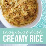 an easy and delicious creamy rice recipe in a white bowl on a blue tablecloth