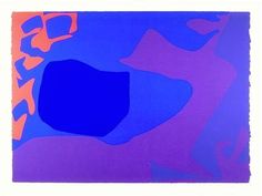 an abstract painting with blue, orange and purple colors on the bottom half of it