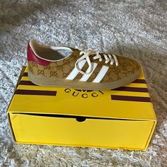 Gucci X Adidas, Chestnut Brown, Suede, Men’s Size 8, Never Used Luxury Sneakers With Gum Sole, Gucci Beige Low-top Sneakers, Gucci Brown Sneakers With Branded Heel, Gucci Brown Sneakers With Branded Heel Counter, Luxury Gucci Beige Sneakers, Designer Brown Sneakers With Round Toe, Brown Gucci Designer Sneakers, Designer Brown Gucci Sneakers, Luxury Beige Gucci Sneakers