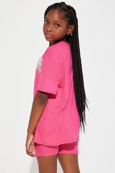 Available In Fuchsia. Matching Set Short Sleeve Crew Neck Foil "Queen" In Foil Ribbed Biker Short Foil Crown Model Wears Size 10/12 Disclaimer: Due To The Printing Process A Difference In Saturation May Occur. Each Garment Is Unique. 96% Polyester 4% Spandex Made In USA | Mini Queen Of The Playground Biker Short Set in Fuchsia size 6/6X by Fashion Nova Pink Athleisure T-shirt For Spring, Pink Crew Neck Activewear For Spring, Sporty Pink T-shirt For Loungewear, Pink Short Sleeve Activewear For Loungewear, Pink Short Sleeve Activewear For Casual Wear, Casual Pink Short-sleeve Activewear, Pink T-shirt For Spring Playwear, Pink T-shirt For Playwear In Spring, Spring Pink T-shirt For Playwear