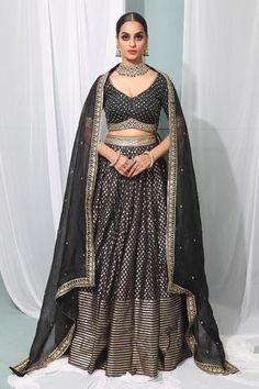 Shop for Neha Khullar Black Embroidered Banarasi Silk Lehenga Set for Women Online at Aza Fashions Festive Brocade Lehenga With Mirror Work, Traditional Black Organza Choli, Black Lehenga With Dupatta In Organza, Traditional Brocade Lehenga With Mirror Work, Festive Black Chanderi Lehenga, Black Organza Lehenga With Dupatta, Black Organza Choli With Dupatta, Black Organza Lehenga For Festivals, Festive Black Organza Lehenga