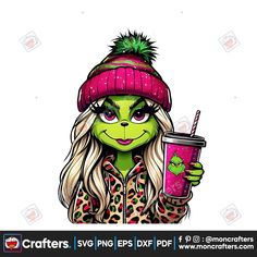 a cartoon character holding a drink and wearing a beanie on top of her head