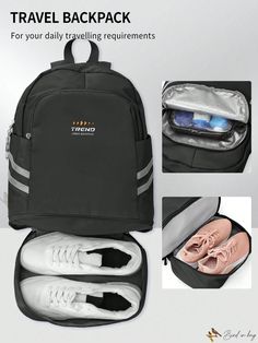 the back pack has three pairs of shoes in it and is open to show what's inside