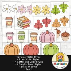 the fall clipart set includes flowers, leaves, and other items to make it look like