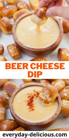 beer cheese dip in a wooden bowl with pretzels on the side and text overlay