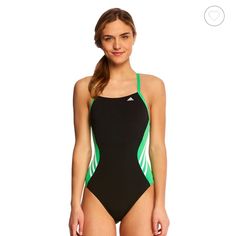 Adidas Solid Splice Vortex Back One Piece Swimsuit Green Black And White Size 32 New With Tags// Never Worn Black Color Block Nylon Swimwear, Adidas Black Swimwear For Swimming, Fitted Black Adidas Swimwear, Adidas Black Fitted Swimwear, Sporty Black Adidas Swimwear, Adidas Swimwear, Adidas Swimsuit, Swimsuit Green, Blue One Piece Swimsuit