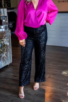 Make a stylish statement this season with the Z Supply Skylar Sequin Pant! These classic straight-leg black sequin pants will add a festive sparkle to any group gathering. The high waist fits perfectly and pairs easily with colorful tops and jackets, so why not show off your unique style? Shine on! Fit: True to size Model Size: Kira is 5'2" and is wearing a medium Chic Holiday Party Pants, Holiday Party Bottoms With Sequins, Holiday Party Sequined Bottoms, Sequin Bottoms For Date Night And Holidays, Glamorous Sequined Bottoms For Holiday Party, Black Sequin Pants For Party, Chic Sequined Bottoms For Holiday Party, Contrast Sequin Pants For Night Out In Fall, Fall Night Out Pants With Contrast Sequin