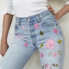 Vintage 501 Light Wash Embroidered Distressed Levi's//Slim fit/Straight leg. 28" waist, 11" rise, 31.5" inseam, 39.5" hips, 34" upper hip, 22.5" thigh. Would fit a size 27 best imo, but definitely compare your measurements and ask me questions. Great quality 100% cotton denim and these actually hug your butt! They have awesome wear and fading with gorgeous pink floral embroidery, distressing and a few patched/reinforced spots that add great character! Upon purchase, I can cut off and fray the hem to any measurement if you'd like or do a finished hem for a small fee. Price firm We ship internationally! SV02715 Straight Leg Levis, Vintage 501, Womens Jeans, Floral Embroidery, Pink Floral, Straight Leg, Women Jeans, Fashion Inspo, Bathing Beauties