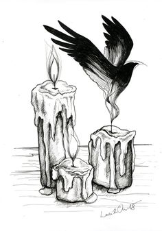 a drawing of two candles with one burning and the other being filled with melted liquid