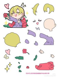 an anime character with different expressions and shapes on the image, including flowers, hearts, and speech bubbles