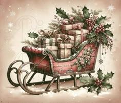 a drawing of a sleigh with presents in it and holly on the side