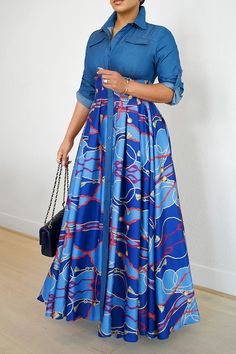 Denim Chain Print Shirt Dress Plus Size Elegant Dresses, Shirt Collar Styles, Afrikaanse Mode, Patchwork Shirt, Casual Wear Dress, Dress Sleeve Styles, Maxi Shirt Dress, Printed Shirt Dress, Daily Dress