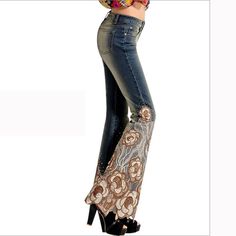 Women Ethnic Beaded Embroidery Denim Slim Bell-bottom Pants Jeans Flared Trouser | eBay Embroidery Denim, Jeans Flared, Flared Denim, Bell Bottom Pants, Flare Trousers, Womens Designer Fashion, Denim Flares, Denim Trousers, Pants Jeans